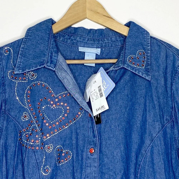 NWT Liz & Me Embellished Chambray Button Down Denim 0X 14/16 Red Hearts Cowgirl - Picture 11 of 14